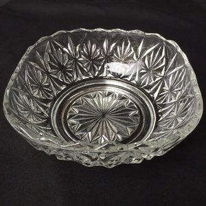 Vintage Cut Glass Bowl Clear Rounded Serving Dish Starburst Etch Textured Retro